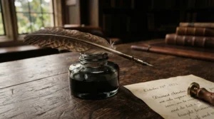 Traditional drawing ink for dip pens in a vintage glass bottle with a feather quill