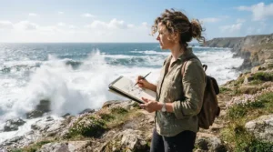 An illustrator working in A5 travel sketchbooks for artists overlooking a dramatic British seaside cliff.