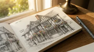 Detailed ink drawings inside travel sketchbooks for artists capturing the facade of an old English village pub.