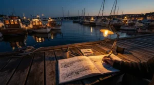 Night-time urban scenes recorded in travel sketchbooks for artists by a glowing fishing harbour.