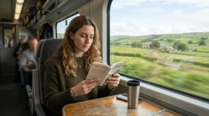 A commuter sketching in compact travel sketchbooks for artists during a morning train journey through the countryside.
