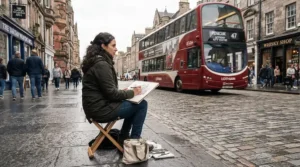 An artist using travel sketchbooks for artists to capture a red double-decker bus on a rainy London street.