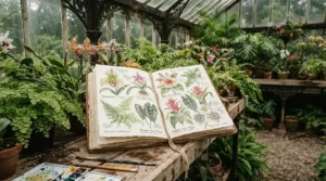 Watercolour paintings inside travel sketchbooks for artists featuring exotic plants in a Victorian glasshouse.