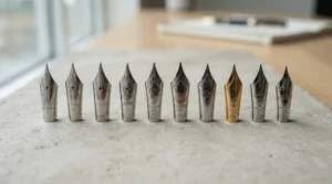 A curated dip pen nib collection featuring ornate brass and copper nibs arranged in a neat row.