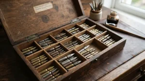 An antique dip pen nib collection neatly organised inside a polished wooden presentation box on a wooden desk.