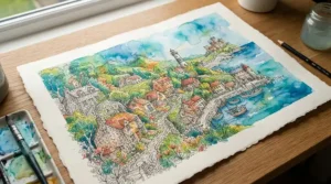 Watercolour wash applied over dried waterproof drawing ink lines