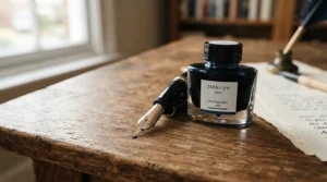 Glass bottle of waterproof drawing ink with a steel nib pen
