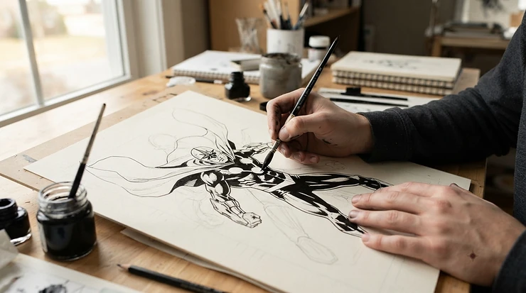 Comic book panels inked with waterproof drawing ink on bristol board