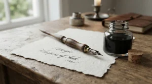 Calligraphy pen dipped in waterproof drawing ink on cartridge paper