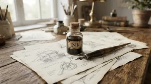 Glass bottle of waterproof drawing ink for dip pens next to a wooden pen holder
