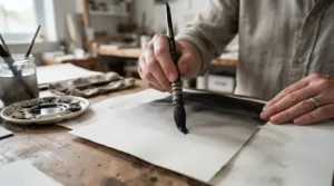 Diluted waterproof drawing ink creating grey tones in an artwork
