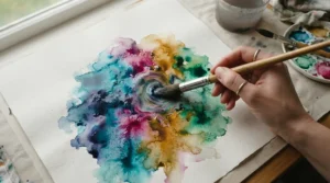 Detailed view of colour blending using a blending brush for pastel art on a textured sketchpad.