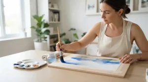 An artist holding a blending brush for pastel art during a dust-free colour transition technique demonstration.