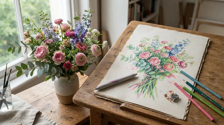 Creating delicate petals in a botanical drawing using a fine blending brush for pastel art.