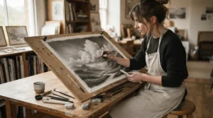 Working on a misty countryside landscape drawing with a blending brush for pastel art to create soft skies.