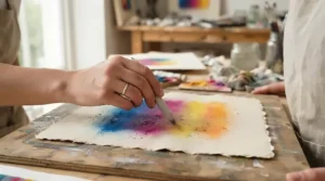 Close-up of a blending brush for pastel art smoothing vibrant pigments on heavy watercolour paper in a sunny art studio.