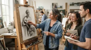 A teacher demonstrating soft pastel technique with a blending brush for pastel art at an easel.