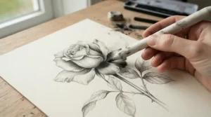 Detailed work with a blending stump for charcoal drawing on intricate botanical illustrations.