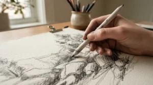 An artist using a blending stump for charcoal drawing to achieve smooth paper shading on textured sketching paper.