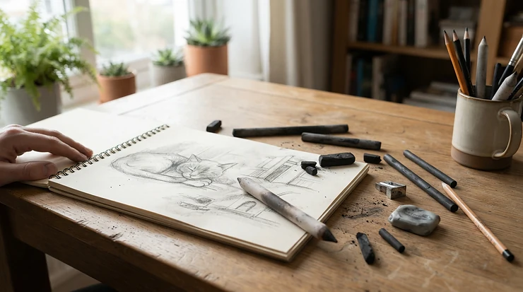 An artist's workspace featuring a blending stump for charcoal drawing alongside willow charcoal sticks.