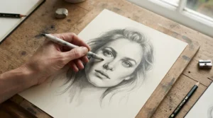 Close-up view of a tonal blending tool for charcoal being held by an illustrator working on a detailed portrait.
