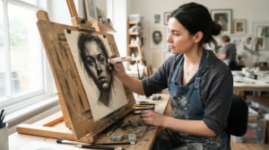 An electric eraser for artists carving out bright highlights in a dramatic charcoal drawing on an easel.