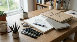 An electric eraser for artists resting neatly on a wooden desk alongside sketchbooks and fine art tools.