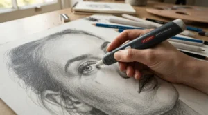 An electric eraser for artists being used to highlight hair strands in a detailed graphite portrait on textured paper.
