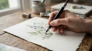 An electric eraser for artists cleaning up pencil guidelines beneath a finished watercolour and ink wash.