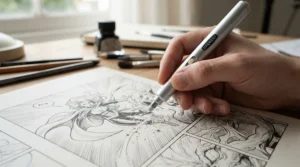 An electric eraser for artists being held comfortably like a pen for intricate comic book line art.