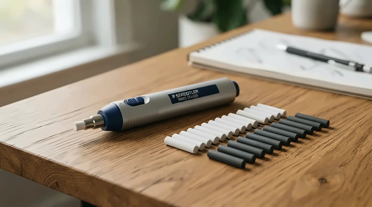 An electric eraser for artists shown with spare eraser tips laid out neatly on a studio work surface.
