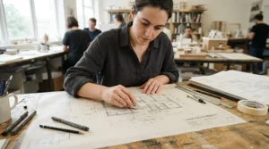 An architectural designer using erasers under £10 for artists to correct ink and pencil lines
