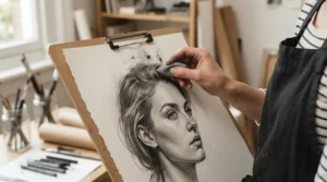 Using erasers under £10 for artists to clean up smudges on a monochrome portrait