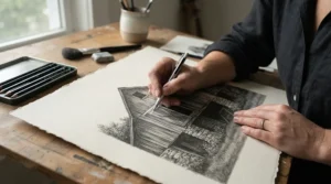 Detailed graphite drawing being refined with erasers under £10 for artists on a wooden desk