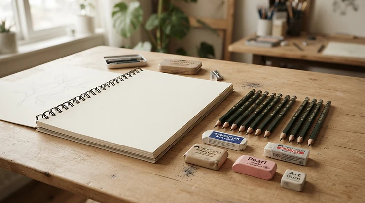 A neat flatlay arrangement of erasers under £10 for artists alongside sketchpads and pencils