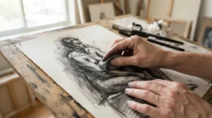 An art student using erasers under £10 for artists during a life drawing class