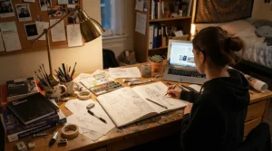 A cluttered university art desk featuring erasers under £10 for artists and art supplies
