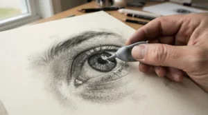 A sharply pinched kneadable eraser for charcoal drawing getting used to pick out intricate eye highlights.