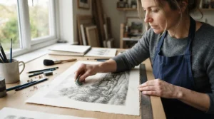 Using a clean kneadable eraser for charcoal drawing to tidy up stray pencil marks around the edges of artwork.