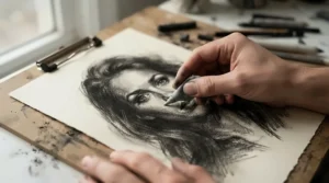 An artist using a kneadable eraser for charcoal drawing to lift fine highlights from a dark portrait sketch.