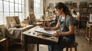 A student in a British art college classroom using a kneadable eraser for charcoal drawing on a still life study.