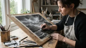 Creating delicate cloud highlights with a kneadable eraser for charcoal drawing on a dramatic skyscape sketch.