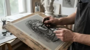 An illustrator combining a kneadable eraser for charcoal drawing with compressed vine charcoal on tinted paper.