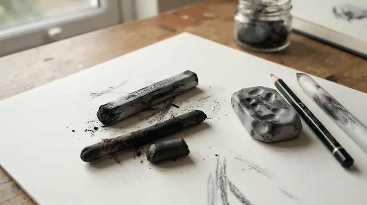 A grey kneadable eraser for charcoal drawing resting on a textured artists paper pad next to willow charcoal sticks.