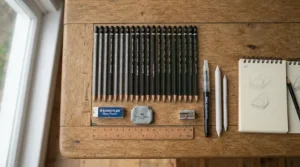 Essential beginner art supplies featuring a kneadable eraser vs plastic eraser on a wooden desk.