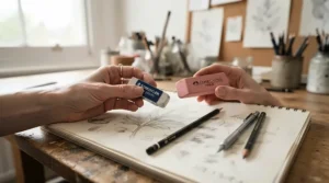 A beginner artist holding a kneadable eraser vs plastic eraser while learning basic drawing techniques.