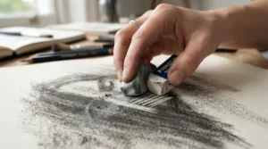 Demonstrating graphite highlights using a kneadable eraser vs plastic eraser on textured paper.