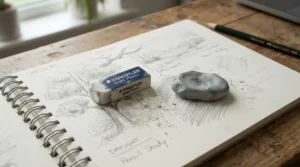 A kneadable eraser vs plastic eraser laid out next to an open sketchbook with graphite pencil sketches.