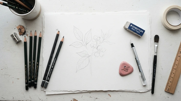 An artist workspace flatlay highlighting a kneadable eraser vs plastic eraser alongside sketching pencils.