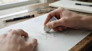 An architect utilising a plastic eraser for graphite sketching to perfect technical blueprints and plans